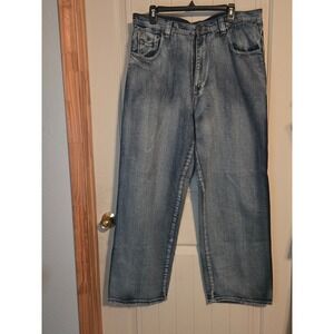 VTG GMF Give Me Face 0.3 Baggy Wide Leg Jeans Mens 38x32 Dark Wash 2000s Urban